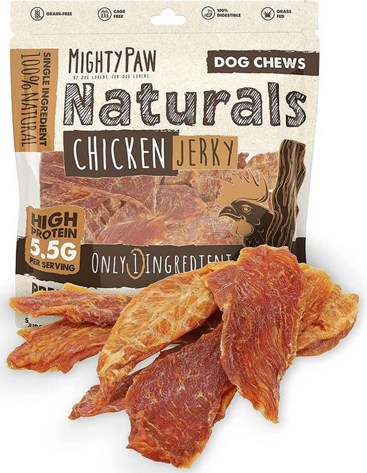 Mighty Paw Naturals Chicken Jerky Dog Treats - Grain-Free High-Protein Snack for Pups, 100% Natural, Cage-Free, Gluten-Free, Chemical-Free, Nutrient-Rich, Low Fat, Mess-Free, Digestible