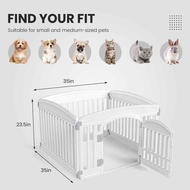 Pettrove - Plastic Pet Playpen, Durable Puppy Playpen with Lockable Door and Non-Slip Bottom, Portable Indoor Outdoor Puppy Pen