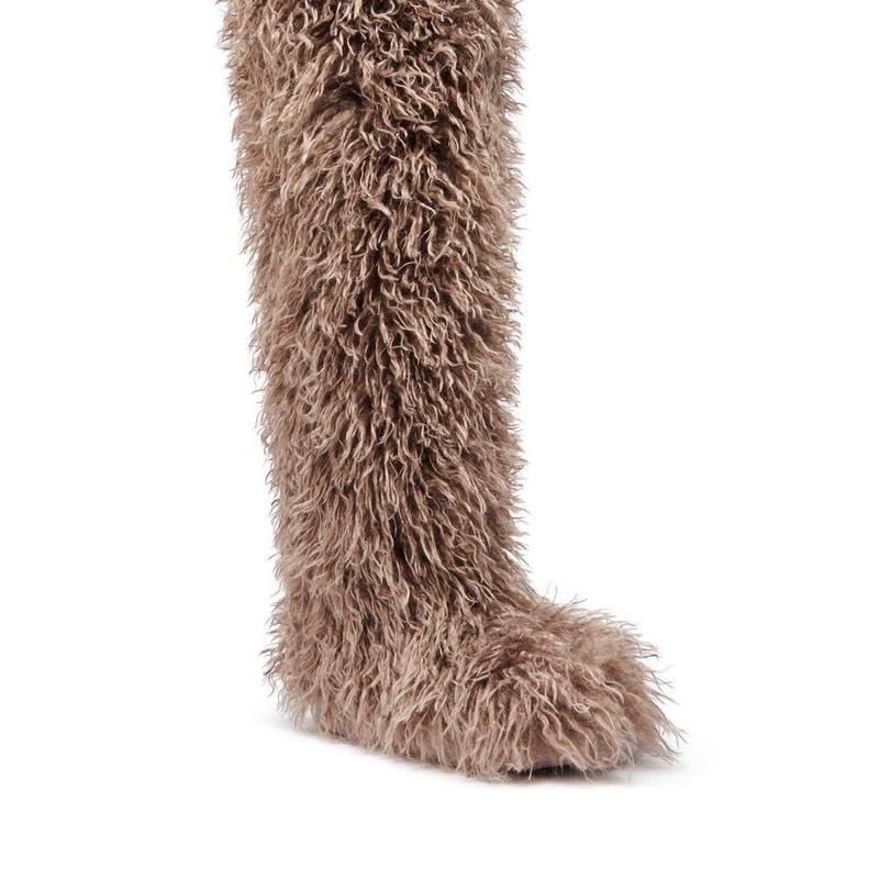 AZALEA WANG TEMPLETON TAUPE FAUX POODLE FUR over the KNEE BOOT