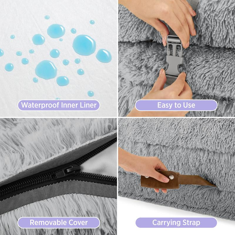 Lesure Luxury Warm Foldable 3-In-1 Flexible Giant Human Dog Bed for Adults - Cozy Fluffy Faux Fur Lounge Sofa with Supportive Bolster Egg Foam, Waterproof Liner, Soft Plush Calming Orthopedic Bed for Winter Comfort, Classic Lounge Sofa Options