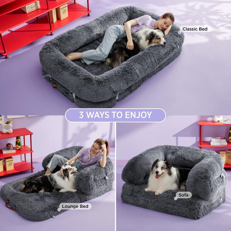Lesure Luxury Warm Foldable 3-In-1 Flexible Giant Human Dog Bed for Adults - Cozy Fluffy Faux Fur Lounge Sofa with Supportive Bolster Egg Foam, Waterproof Liner, Soft Plush Calming Orthopedic Bed for Winter Comfort, Classic Lounge Sofa Options