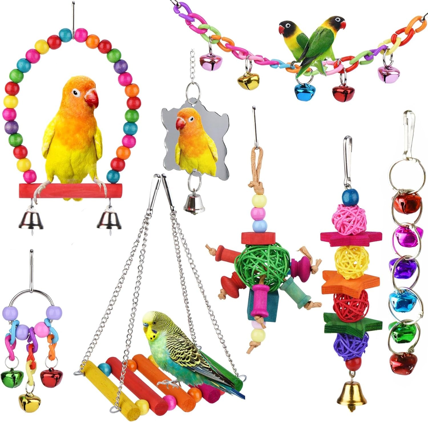 8 Pcs Parakeet Cockatiel Bird Toys, Parrots Cage Accessories Swing Wooden Perch Chewing Toy for Budgerigar, Conures, Love Birds, Finches, Budgies