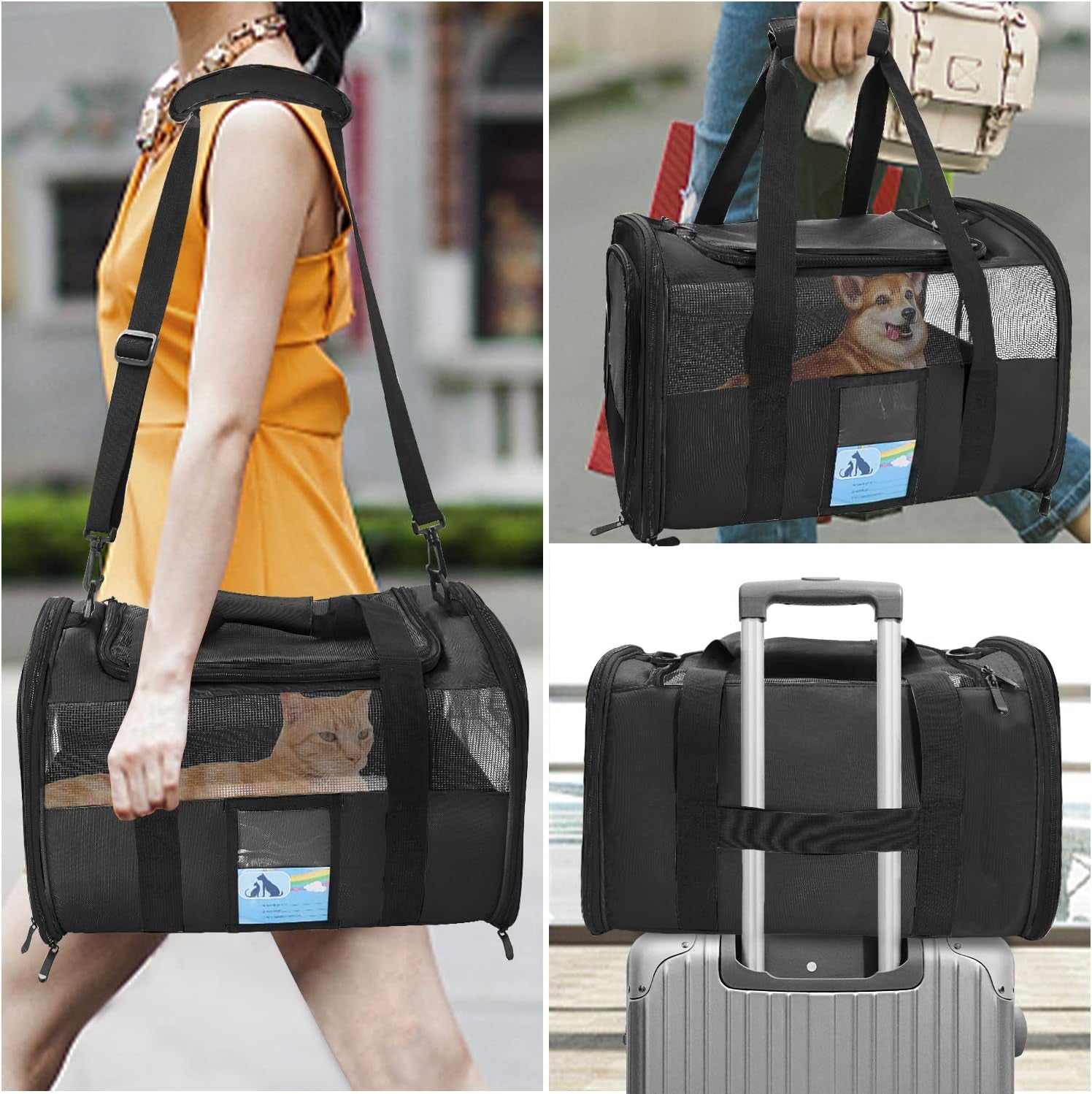 Pet Carrier Airline Approved, Cat Carriers for Medium Cats Small Cats, Soft Dog Carriers for Small Dogs, TSA Approved Pet Carrier for Cat Dog of 15 Lbs, Puppy Carrier,Black