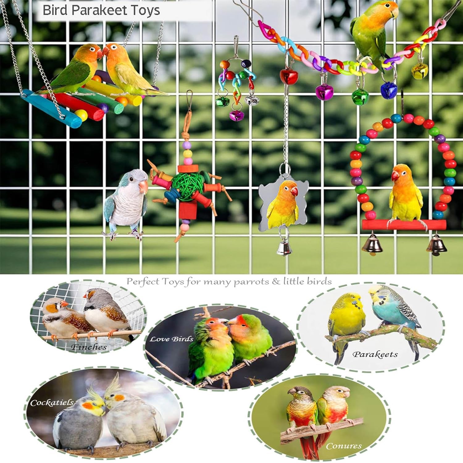 8 Pcs Parakeet Cockatiel Bird Toys, Parrots Cage Accessories Swing Wooden Perch Chewing Toy for Budgerigar, Conures, Love Birds, Finches, Budgies