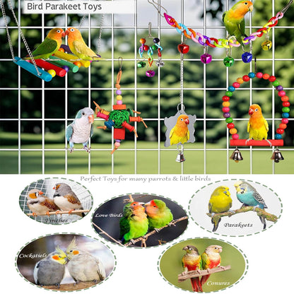8 Pcs Parakeet Cockatiel Bird Toys, Parrots Cage Accessories Swing Wooden Perch Chewing Toy for Budgerigar, Conures, Love Birds, Finches, Budgies