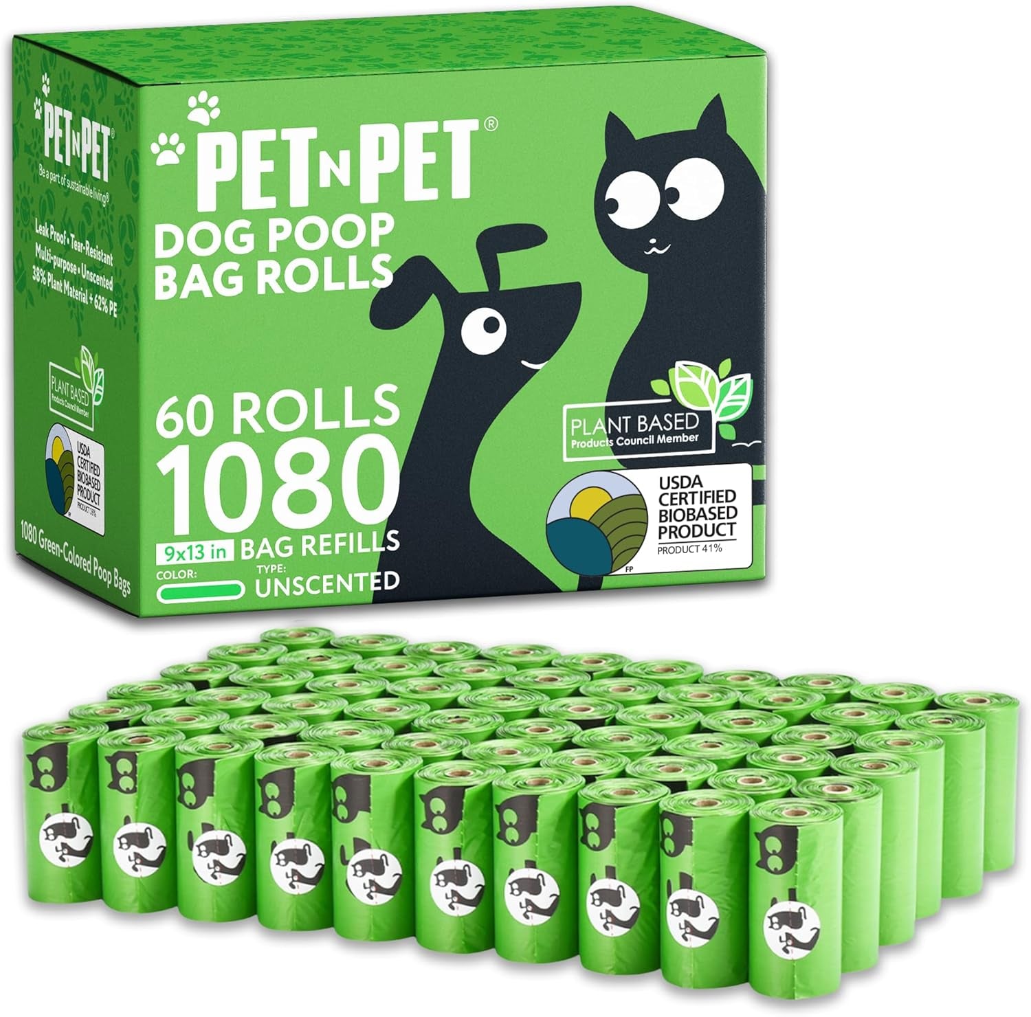 1080 Count Poo Bags Dogs USDA 41% Plant Based 72 Thick Dog Poop Bags Rolls 9X13 Leak-Proof Unscented