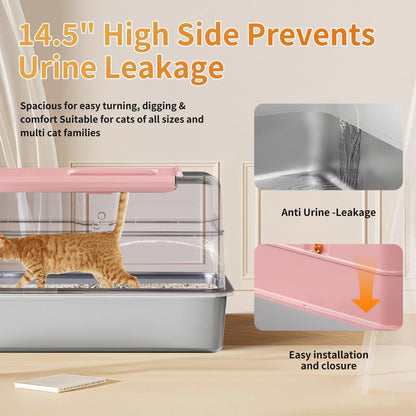 TOPYANS XL Stainless Steel Cat Litter Box with Lid, 20L Metal Enclosed Litter Box for Big Cat, Flip-Top Design with Anti-Leakage High Sides, Large Cat Lovers Gifts, Pink