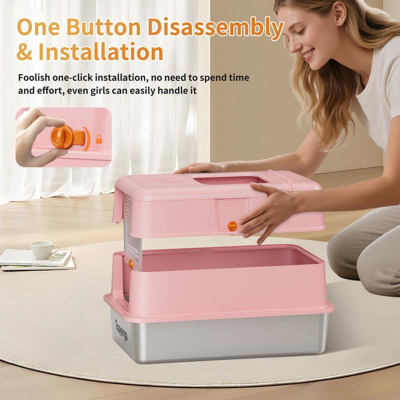 TOPYANS XL Stainless Steel Cat Litter Box with Lid, 20L Metal Enclosed Litter Box for Big Cat, Flip-Top Design with Anti-Leakage High Sides, Large Cat Lovers Gifts, Pink