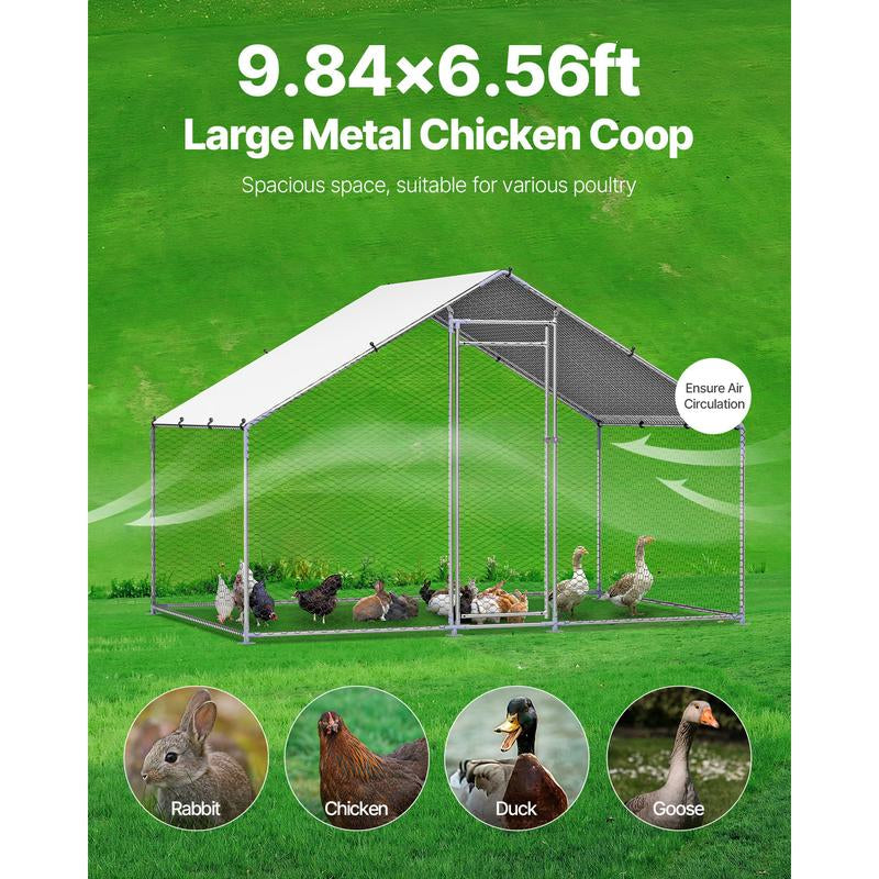 VEVOR Metal Chicken Coop, 9.8X6.5X6.5Ft Large Walk-In Chicken Runs with Cover, Spire Roof Hen House Enclosure with Security Lock, Outdoor Duck Rabbit Cage Poultry Pen for Backyard, Farm, Yard