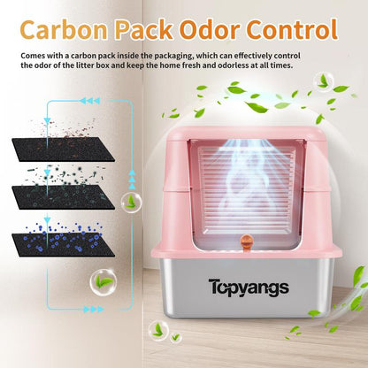 TOPYANS XL Stainless Steel Cat Litter Box with Lid, 20L Metal Enclosed Litter Box for Big Cat, Flip-Top Design with Anti-Leakage High Sides, Large Cat Lovers Gifts, Pink