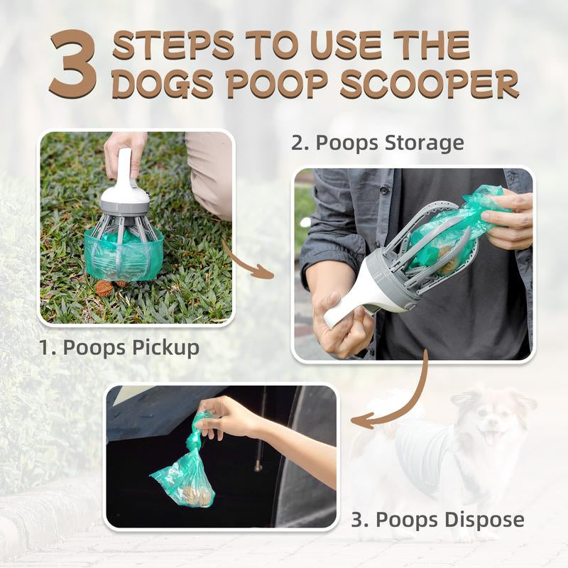 Portable Dog Pooper Scooper, 2-In-1 No Touch Handheld Claw with Bag Dispenser, Lightweight Waste Cleaner for Grass, Concrete Surfaces