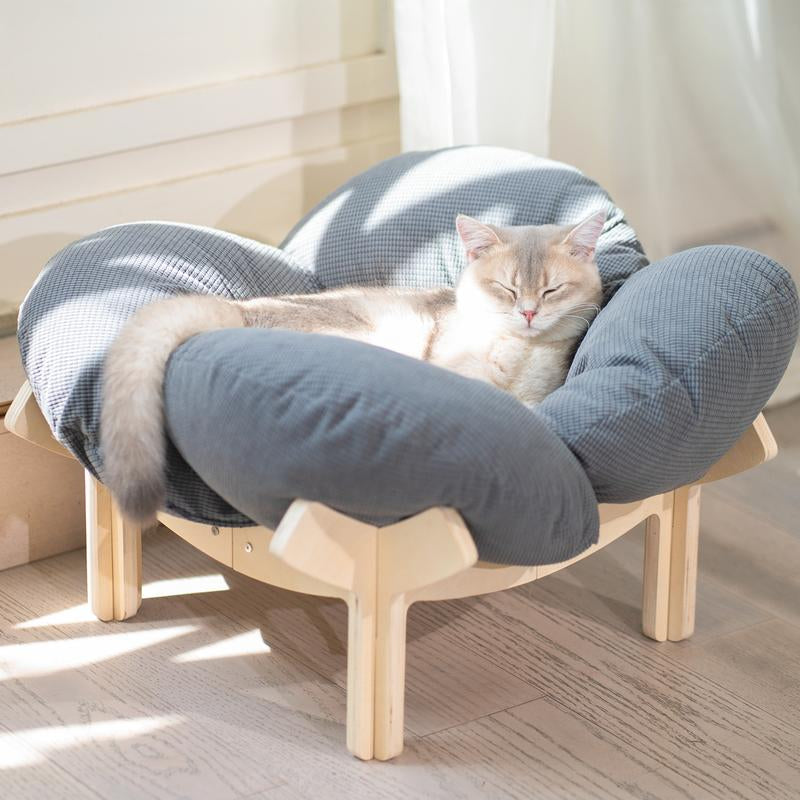 Elevated Flower Cat Bed，Wooden with Cushion， Fluffy Pet Couch Sofa for Indoor Cats and Dogs， Raised Kitty Lounge Chair， Suitable for Puppy, Cat Furniture(Large)