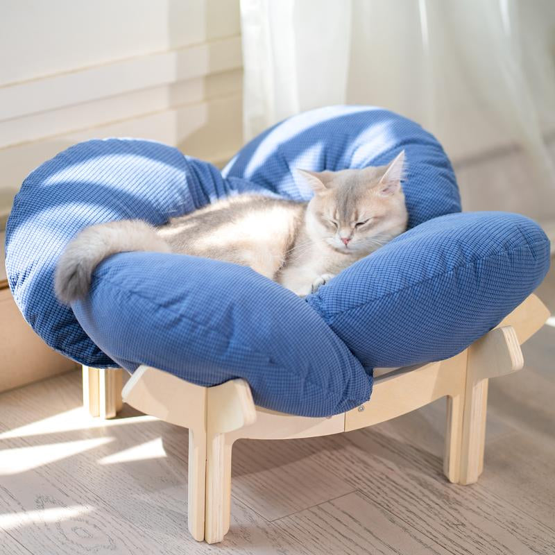 Elevated Flower Cat Bed，Wooden with Cushion， Fluffy Pet Couch Sofa for Indoor Cats and Dogs， Raised Kitty Lounge Chair， Suitable for Puppy, Cat Furniture(Large)