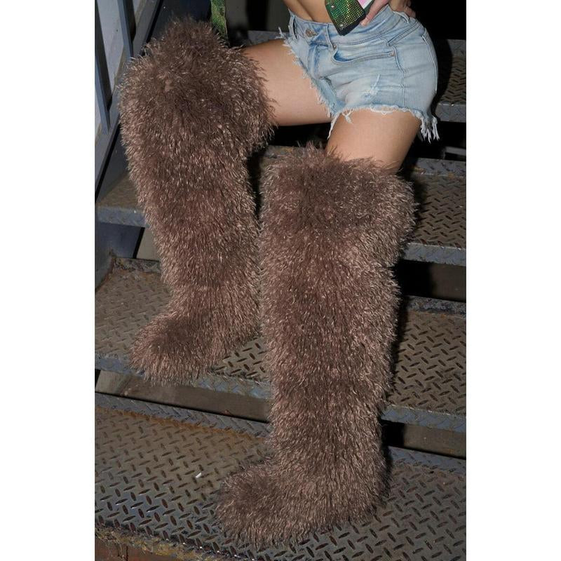 AZALEA WANG TEMPLETON TAUPE FAUX POODLE FUR over the KNEE BOOT