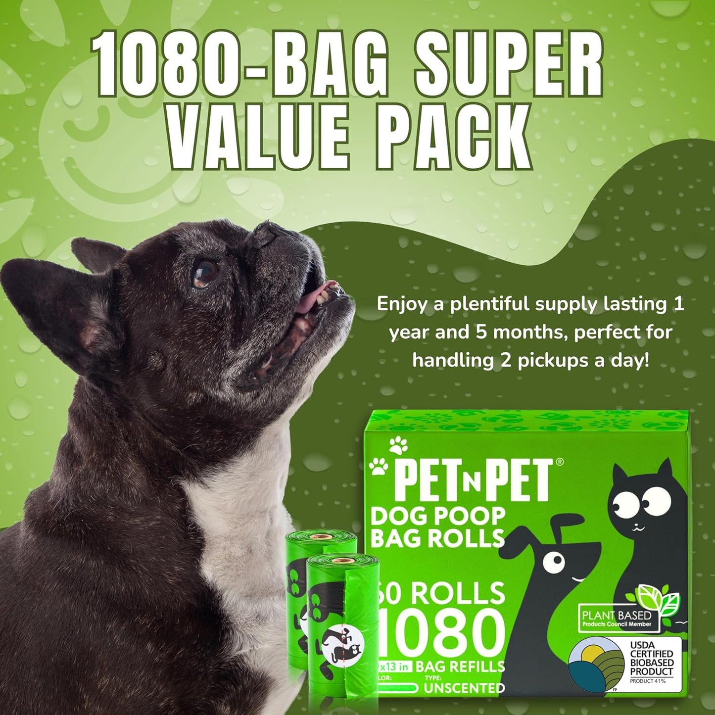 1080 Count Poo Bags Dogs USDA 41% Plant Based 72 Thick Dog Poop Bags Rolls 9X13 Leak-Proof Unscented
