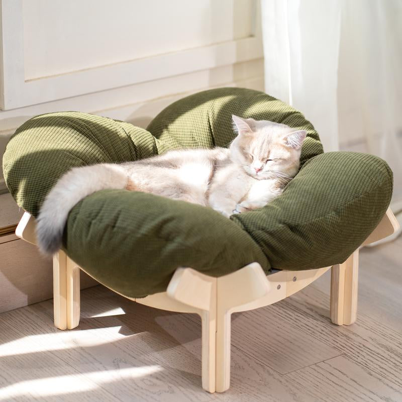 Elevated Flower Cat Bed，Wooden with Cushion， Fluffy Pet Couch Sofa for Indoor Cats and Dogs， Raised Kitty Lounge Chair， Suitable for Puppy, Cat Furniture(Large)
