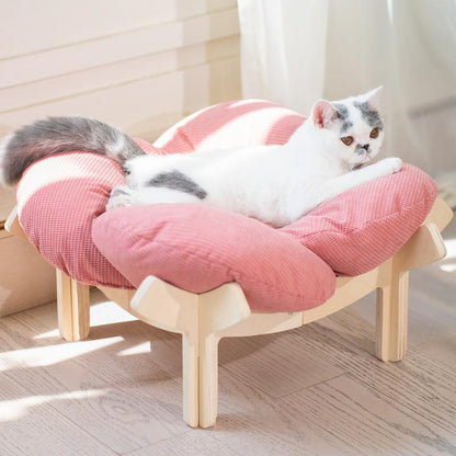 Elevated Flower Cat Bed，Wooden with Cushion， Fluffy Pet Couch Sofa for Indoor Cats and Dogs， Raised Kitty Lounge Chair， Suitable for Puppy, Cat Furniture(Large)