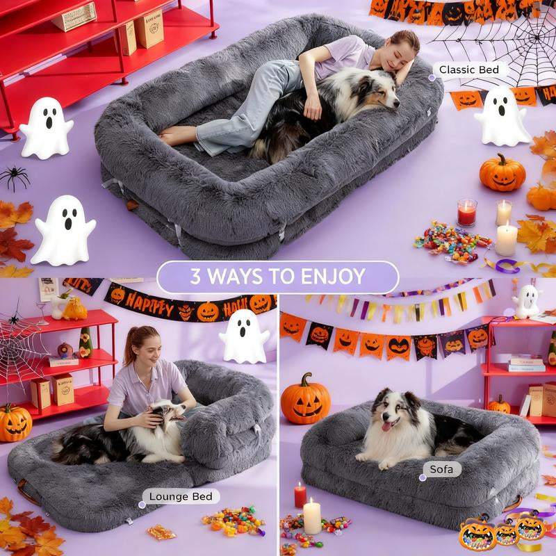 Lesure Luxury Warm Foldable 3-In-1 Flexible Giant Human Dog Bed for Adults - Cozy Fluffy Faux Fur Lounge Sofa with Supportive Bolster Egg Foam, Waterproof Liner, Soft Plush Calming Orthopedic Bed for Winter Comfort, Classic Lounge Sofa Options