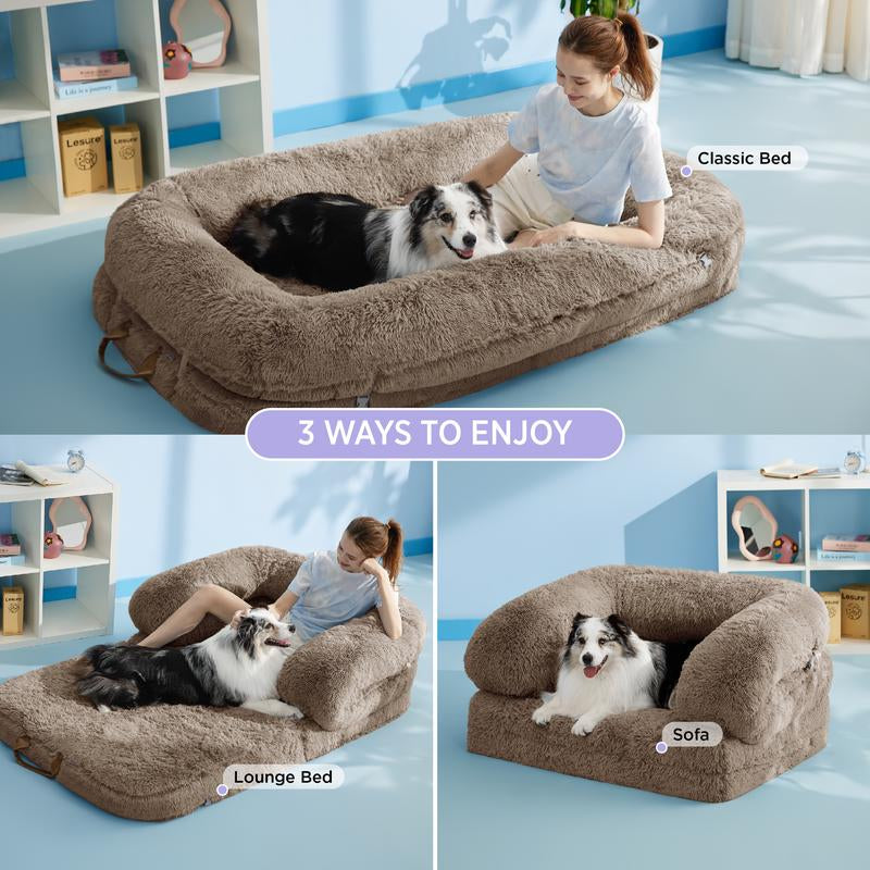 Lesure Luxury Warm Foldable 3-In-1 Flexible Giant Human Dog Bed for Adults - Cozy Fluffy Faux Fur Lounge Sofa with Supportive Bolster Egg Foam, Waterproof Liner, Soft Plush Calming Orthopedic Bed for Winter Comfort, Classic Lounge Sofa Options