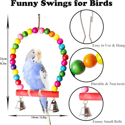 8 Pcs Parakeet Cockatiel Bird Toys, Parrots Cage Accessories Swing Wooden Perch Chewing Toy for Budgerigar, Conures, Love Birds, Finches, Budgies