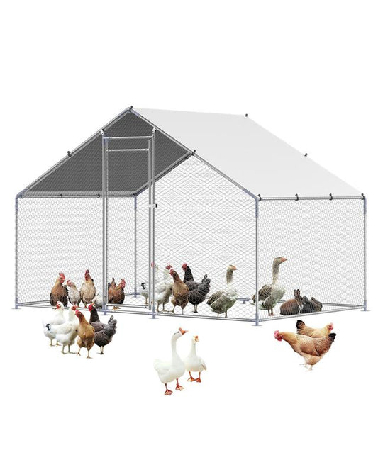 VEVOR Metal Chicken Coop, 9.8X6.5X6.5Ft Large Walk-In Chicken Runs with Cover, Spire Roof Hen House Enclosure with Security Lock, Outdoor Duck Rabbit Cage Poultry Pen for Backyard, Farm, Yard