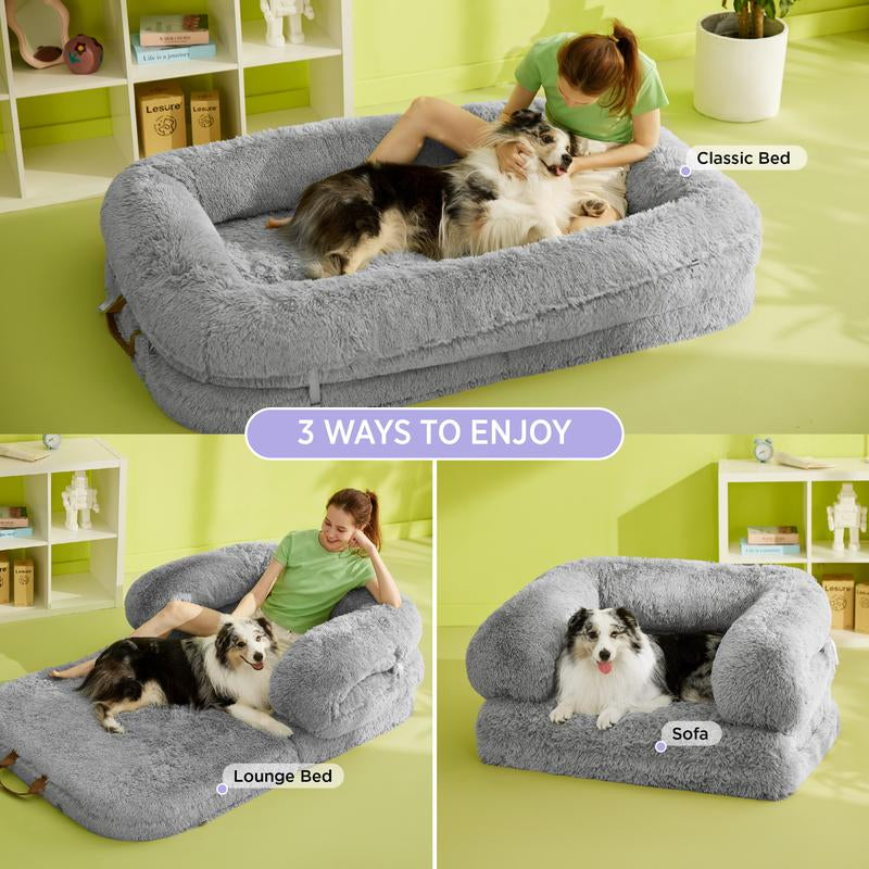 Lesure Luxury Warm Foldable 3-In-1 Flexible Giant Human Dog Bed for Adults - Cozy Fluffy Faux Fur Lounge Sofa with Supportive Bolster Egg Foam, Waterproof Liner, Soft Plush Calming Orthopedic Bed for Winter Comfort, Classic Lounge Sofa Options