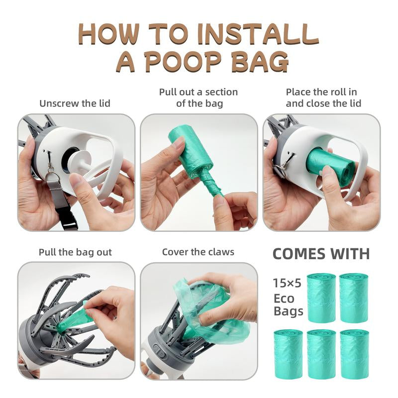 Portable Dog Pooper Scooper, 2-In-1 No Touch Handheld Claw with Bag Dispenser, Lightweight Waste Cleaner for Grass, Concrete Surfaces