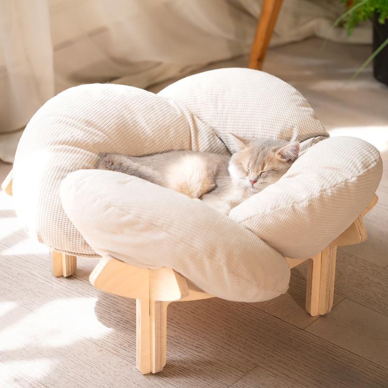 Elevated Flower Cat Bed，Wooden with Cushion， Fluffy Pet Couch Sofa for Indoor Cats and Dogs， Raised Kitty Lounge Chair， Suitable for Puppy, Cat Furniture(Large)