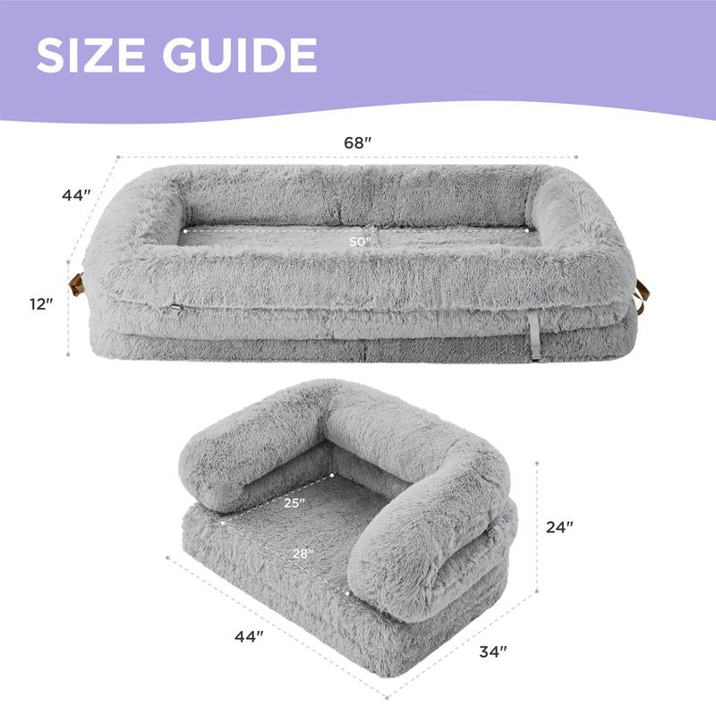 Lesure Luxury Warm Foldable 3-In-1 Flexible Giant Human Dog Bed for Adults - Cozy Fluffy Faux Fur Lounge Sofa with Supportive Bolster Egg Foam, Waterproof Liner, Soft Plush Calming Orthopedic Bed for Winter Comfort, Classic Lounge Sofa Options