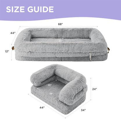 Lesure Luxury Warm Foldable 3-In-1 Flexible Giant Human Dog Bed for Adults - Cozy Fluffy Faux Fur Lounge Sofa with Supportive Bolster Egg Foam, Waterproof Liner, Soft Plush Calming Orthopedic Bed for Winter Comfort, Classic Lounge Sofa Options