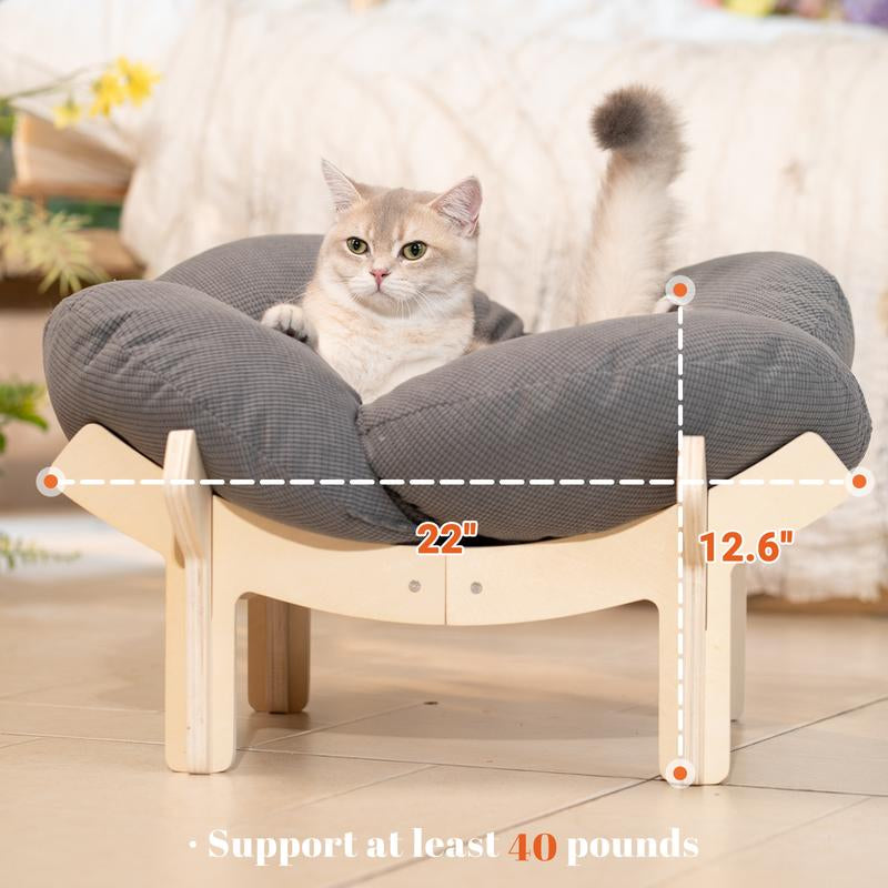 Elevated Flower Cat Bed，Wooden with Cushion， Fluffy Pet Couch Sofa for Indoor Cats and Dogs， Raised Kitty Lounge Chair， Suitable for Puppy, Cat Furniture(Large)