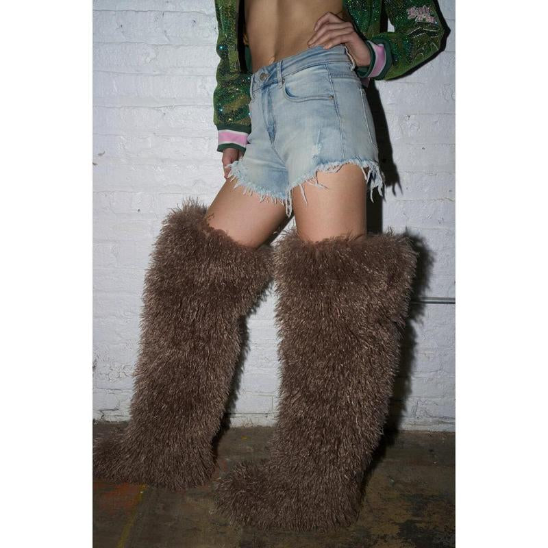 AZALEA WANG TEMPLETON TAUPE FAUX POODLE FUR over the KNEE BOOT