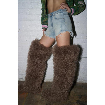AZALEA WANG TEMPLETON TAUPE FAUX POODLE FUR over the KNEE BOOT