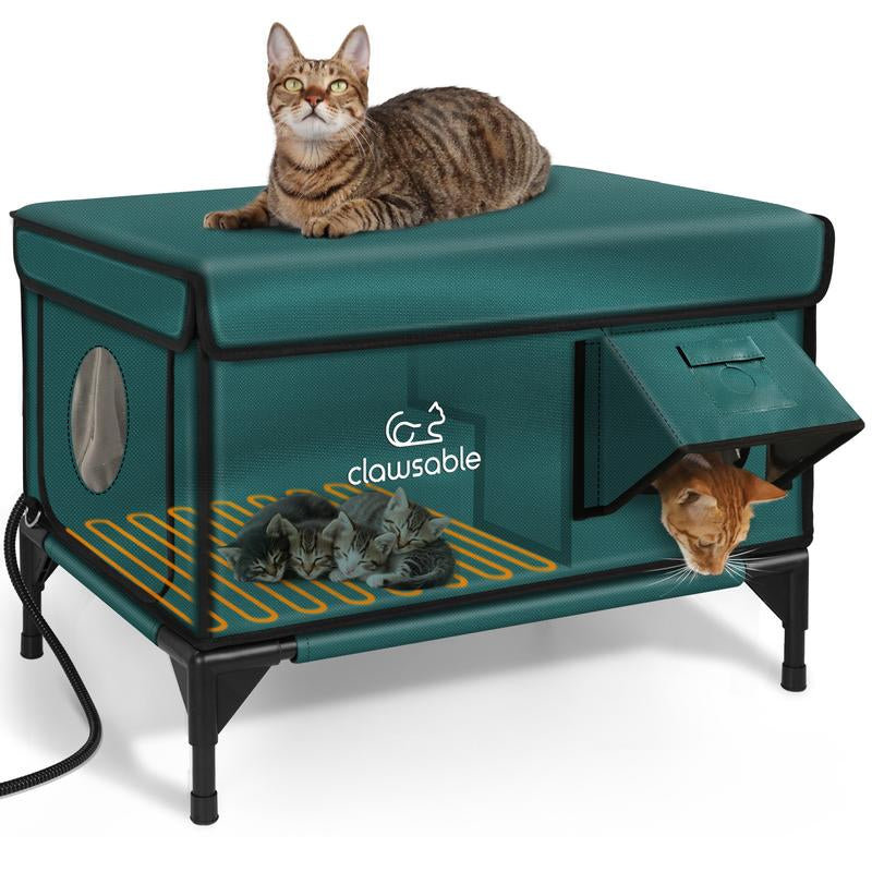 Indestructible Heated Cat House for outside Cats Winter, 100% Weatherproof, Safe Escape Door, Insulated Outdoor Cat Shelter with Heater for Feral Barn Cat Kitty