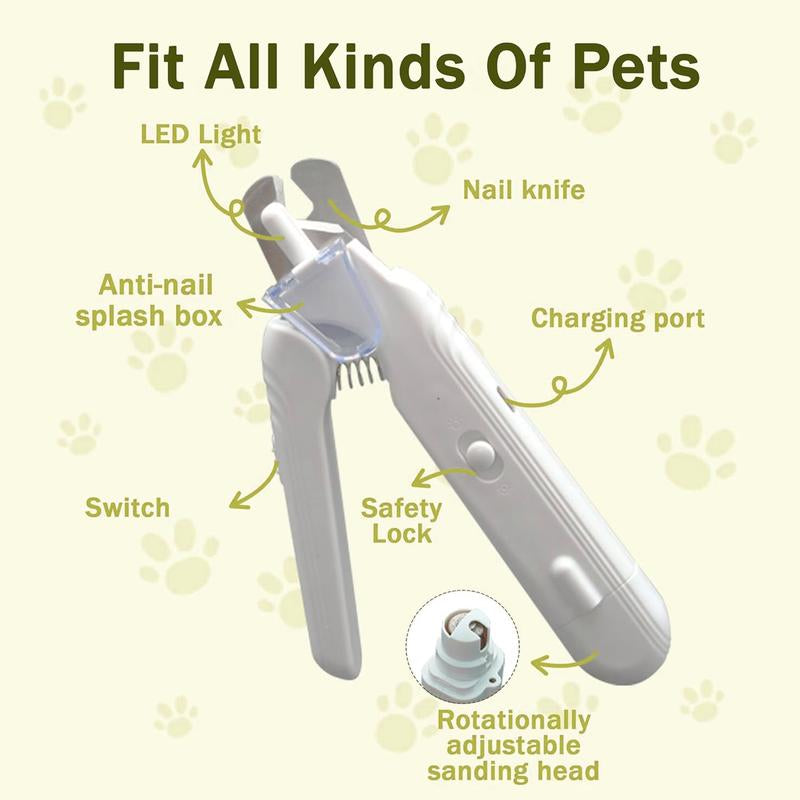 【Tiktokshopfalldealsforyou】2-In-1 Cat and Dog Pet Nail Clipper - USB Rechargeable with LED Light and Safety Guard to Prevent Over-Trimming, Professional Grooming Tool for Cats, Simple and Safe Essential Pet Care Item, White