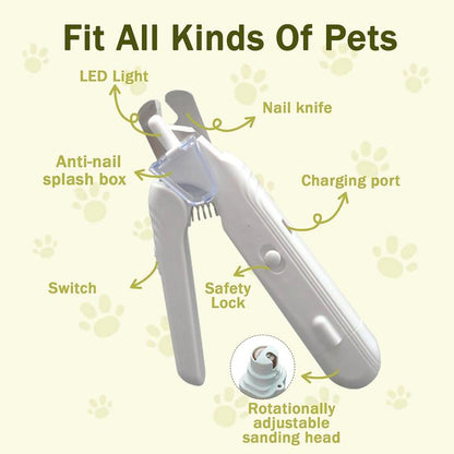 【Tiktokshopfalldealsforyou】2-In-1 Cat and Dog Pet Nail Clipper - USB Rechargeable with LED Light and Safety Guard to Prevent Over-Trimming, Professional Grooming Tool for Cats, Simple and Safe Essential Pet Care Item, White