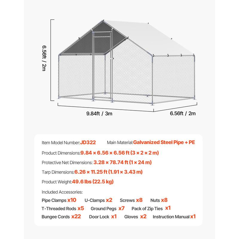 VEVOR Metal Chicken Coop, 9.8X6.5X6.5Ft Large Walk-In Chicken Runs with Cover, Spire Roof Hen House Enclosure with Security Lock, Outdoor Duck Rabbit Cage Poultry Pen for Backyard, Farm, Yard