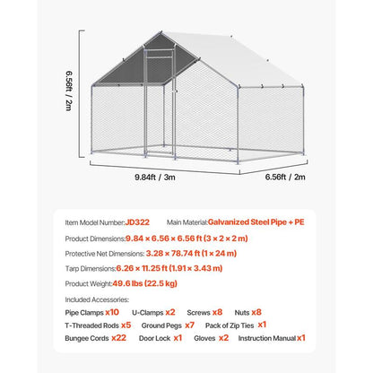 VEVOR Metal Chicken Coop, 9.8X6.5X6.5Ft Large Walk-In Chicken Runs with Cover, Spire Roof Hen House Enclosure with Security Lock, Outdoor Duck Rabbit Cage Poultry Pen for Backyard, Farm, Yard