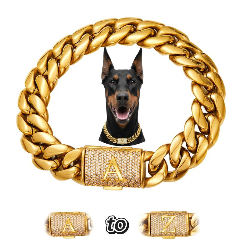 18K Gold Plated Dog Cuban Chain Collar – Custom Initial A–Z Letter Pendant, Heavy Duty Stainless Steel Dog Necklace, Luxury Pet Accessories for All Dog Sizes16/18/20/22/24/26Inch Pet Necklace