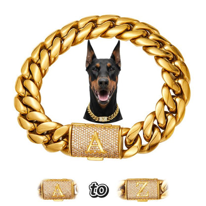 18K Gold Plated Dog Cuban Chain Collar – Custom Initial A–Z Letter Pendant, Heavy Duty Stainless Steel Dog Necklace, Luxury Pet Accessories for All Dog Sizes16/18/20/22/24/26Inch Pet Necklace