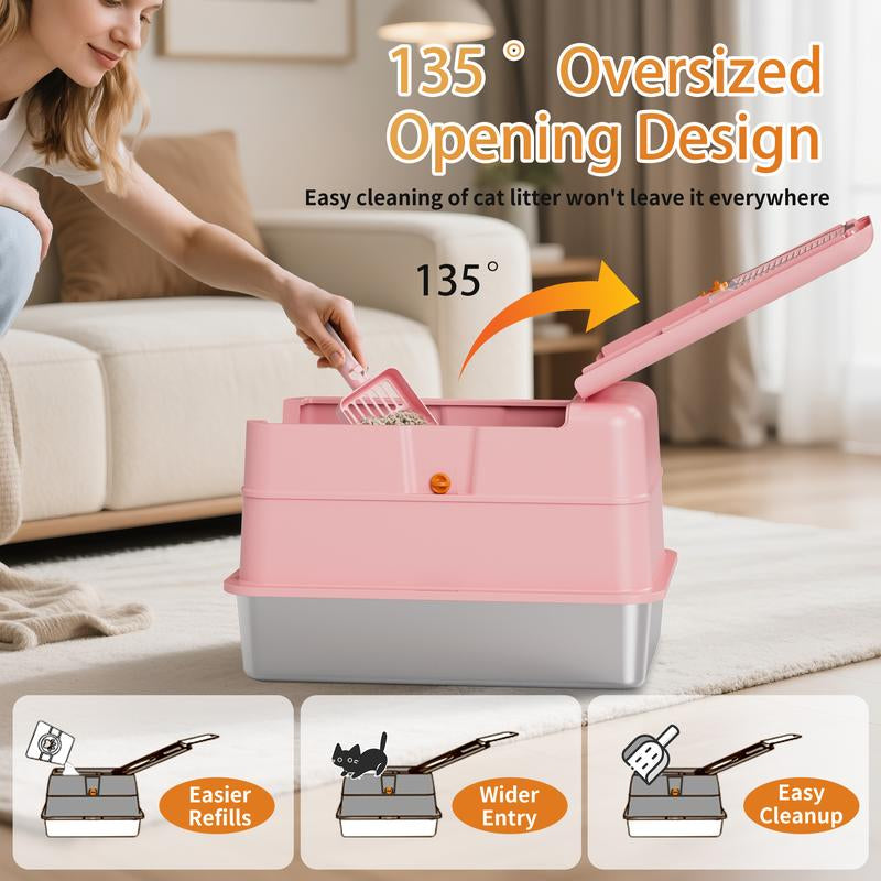 TOPYANS XL Stainless Steel Cat Litter Box with Lid, 20L Metal Enclosed Litter Box for Big Cat, Flip-Top Design with Anti-Leakage High Sides, Large Cat Lovers Gifts, Pink