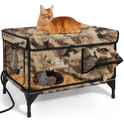 Indestructible Heated Cat House for outside Cats Winter, 100% Weatherproof, Safe Escape Door, Insulated Outdoor Cat Shelter with Heater for Feral Barn Cat Kitty